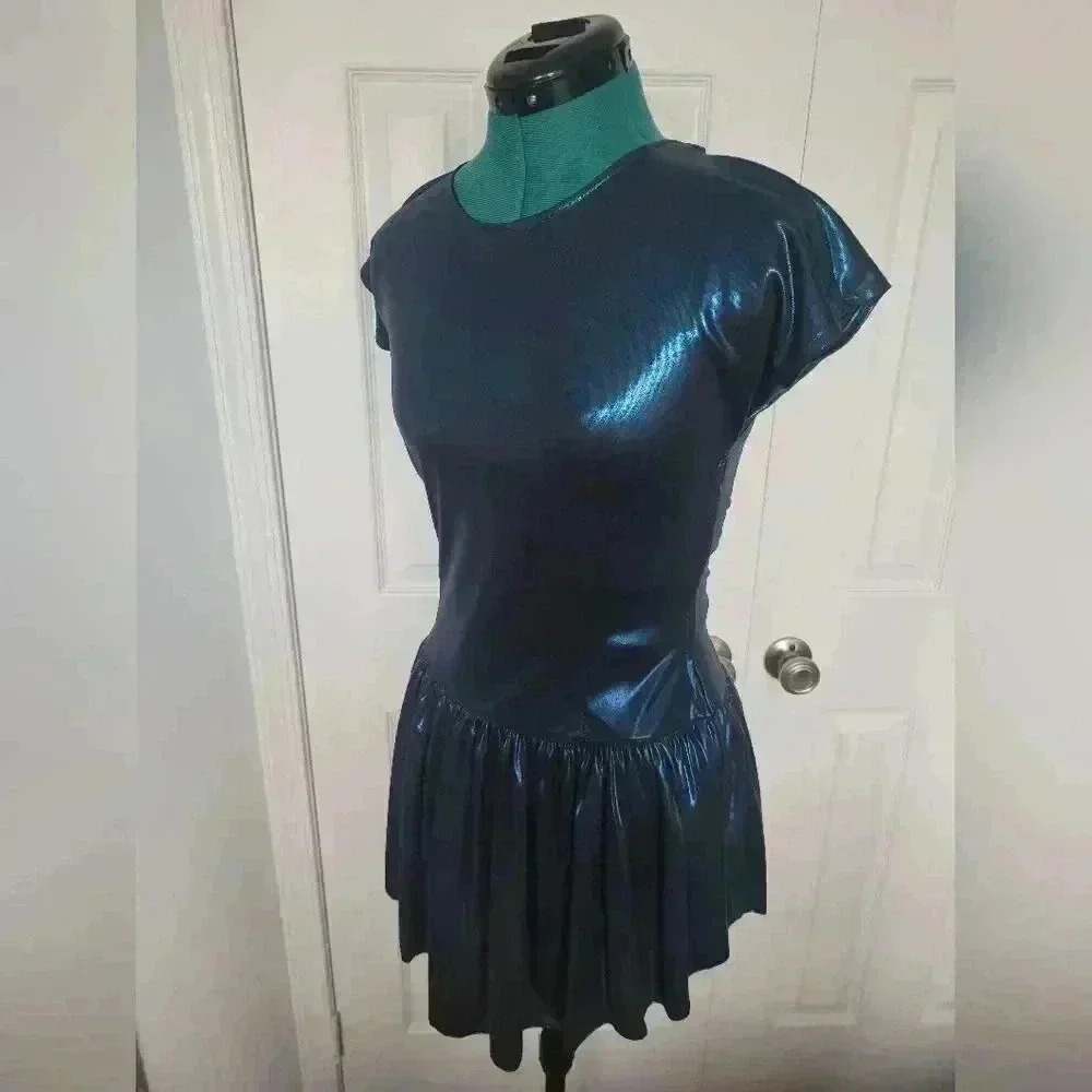 1980s Radar Blue Holographic Skater Dress with Strappy back Detail